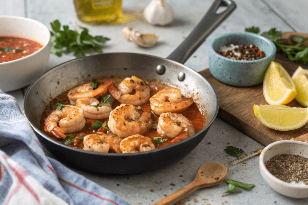 Frisch zubereitete Garnelen Pasta mit Linguine, Knoblauch und Tomaten – ideal für ein schnelles Abendessen