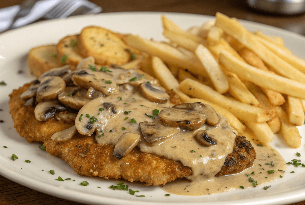 Jägerschnitzel Jägersoße Pommes Champignons