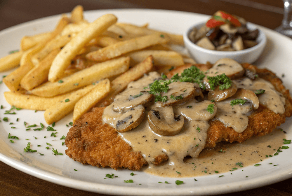 Jägerschnitzel Jägersoße Pommes Champignons
