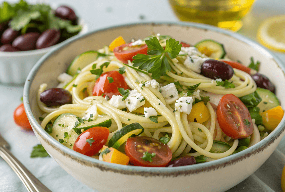 Mediterranen Nudelsalat in 20 Min zubereiten! Frisch, aromatisch & ideal für Sommer, Grillabend oder Büro. Entdecke dein perfektes Rezept.