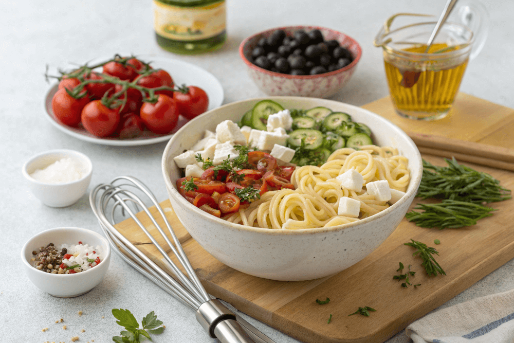 Zutaten für mediterranen Nudelsalat: gekochte Pasta, getrocknete Tomaten, schwarze Oliven, Feta, frische Kräuter, Paprika und Olivenöl auf einem Holztisch arrangiert.