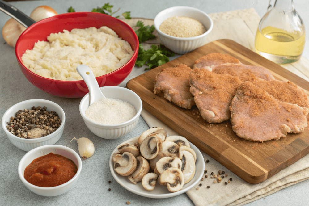 Jägerschnitzel mit Jägersoße, Pommes und Champignons