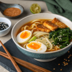 Frisch gekochte Udon Nudeln in dampfender Brühe mit Frühlingszwiebeln und Ei