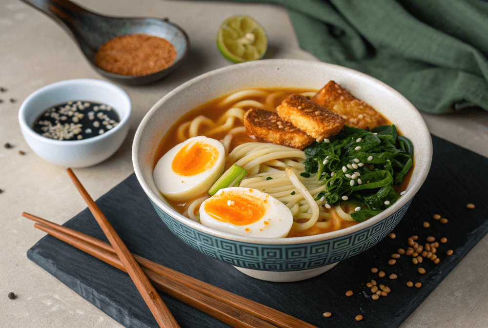 Frisch gekochte Udon Nudeln in dampfender Brühe mit Frühlingszwiebeln und Ei