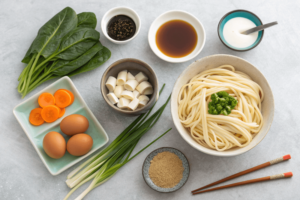 Leckere, frisch zubereitete Udon Nudeln mit Brühe, Toppings und Gemüse – schnell und einfach in 10 Minuten.