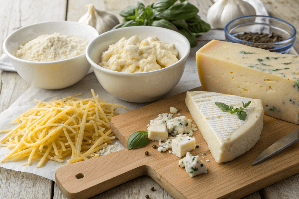 6 Käse für herzhafte Pfannkuchen: Gouda, Emmentaler, Bergkäse, Feta, Mozzarella, Blauschimmelkäse frisch gerieben
